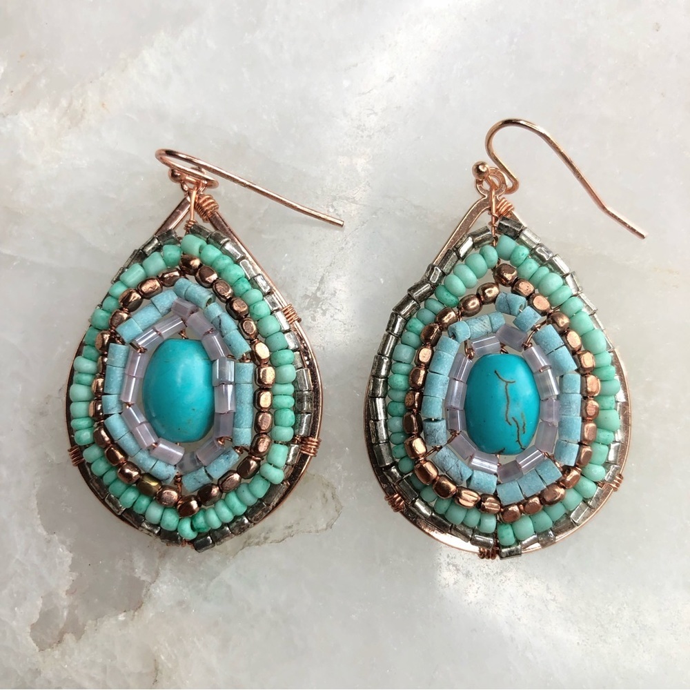 GORGEOUS handmade rose gold and turquoise beaded earrings